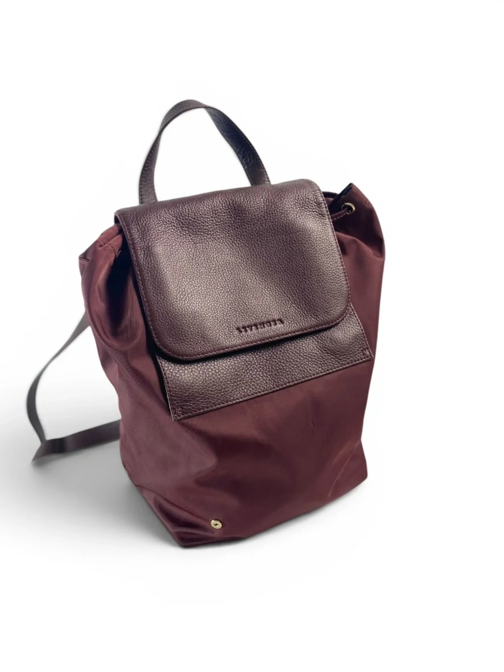 Levenger Burgundy Nylon Leather Backpack Drawstring Lightweight Travel Work Bag